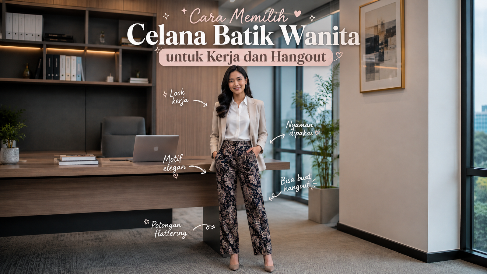 Celana batik wanita dengan atasan polos untuk tampilan kerja